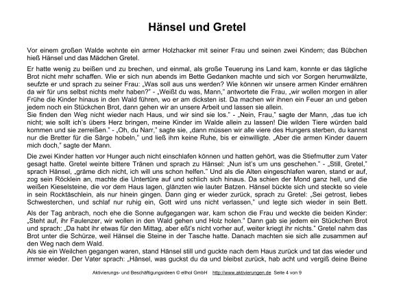 Hänsel Und Gretel Text Pdf Märchen Hänsel und Gretel zur Beschäftigung für Senioren die Demenz